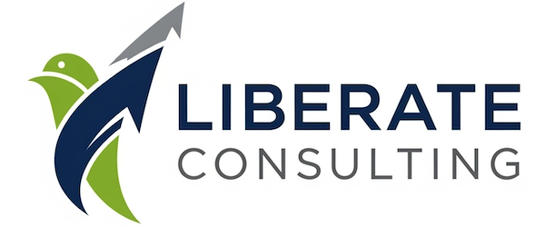The Liberate Consulting logo depicts a dynamic, abstract bird in vibrant green with navy blue accents, positioned as if soaring upward. A sleek silver arrow integrates into its wing, symbolizing growth, freedom, and forward momentum